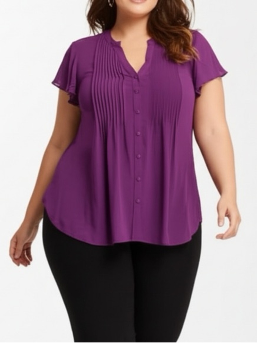 Torrid Size 00 M Medium Purple Sheer Chiffon Pintuck Flutter Sleeve Blouse Top